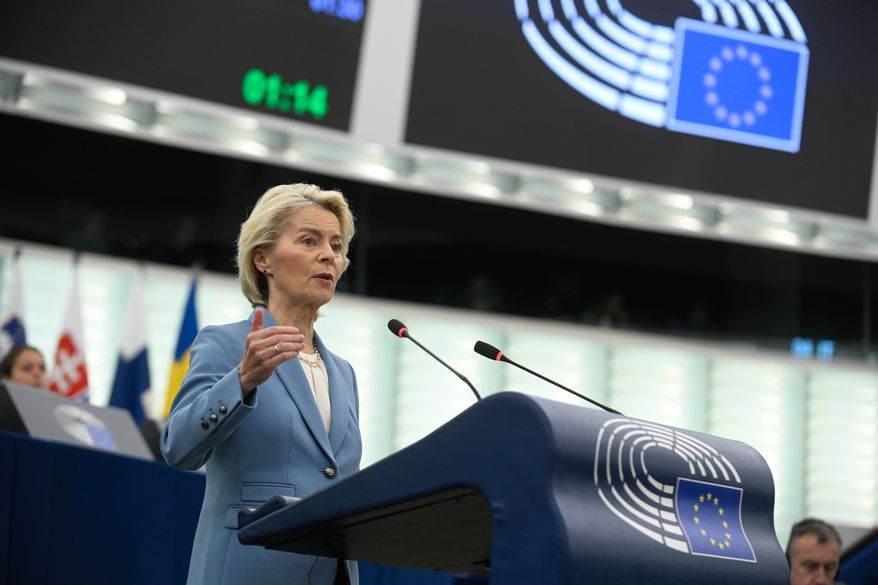 European Commission President Ursula von der Leyen attends a joint debate ahead to the 15-16 October EU summit in Strasbourg, France, Tuesday, Oct. 6, 2026. (AP Photo/Pascal Bastien)