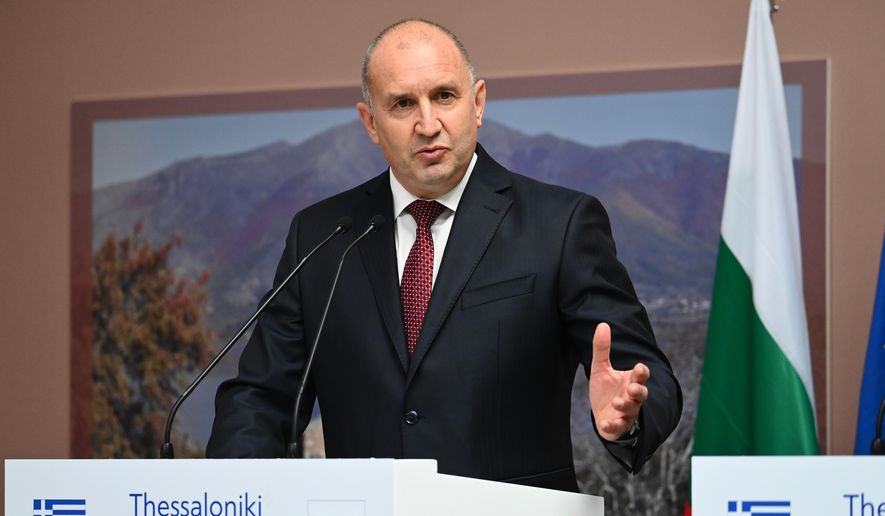 Bulgarian Prime Minister Rumen Radev speaks during a handover ceremony of the remains of medieval ruler Czar Samuel, in Thessaloniki, northern Greece, Saturday, Oct. 3, 2026. (AP Photo/Giannis Papanikos)