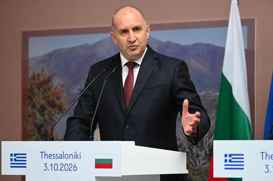 Bulgarian Prime Minister Rumen Radev speaks during a handover ceremony of the remains of medieval ruler Czar Samuel, in Thessaloniki, northern Greece, Saturday, Oct. 3, 2026. (AP Photo/Giannis Papanikos)