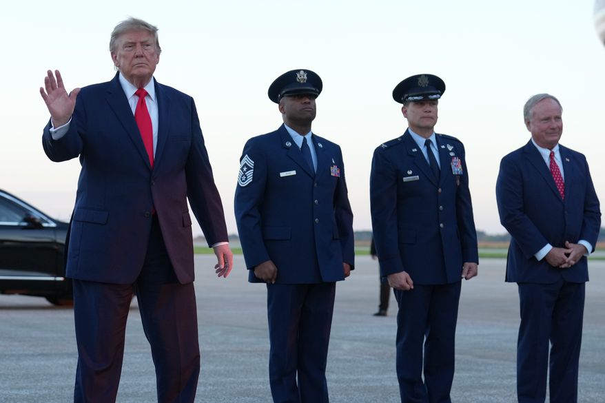 President Donald Trump arrives on Air Force One at Youngstown Air Reserve Station, in Youngstown, Ohio, Monday, Oct. 12, 2026. (AP Photo/Jacquelyn Martin)