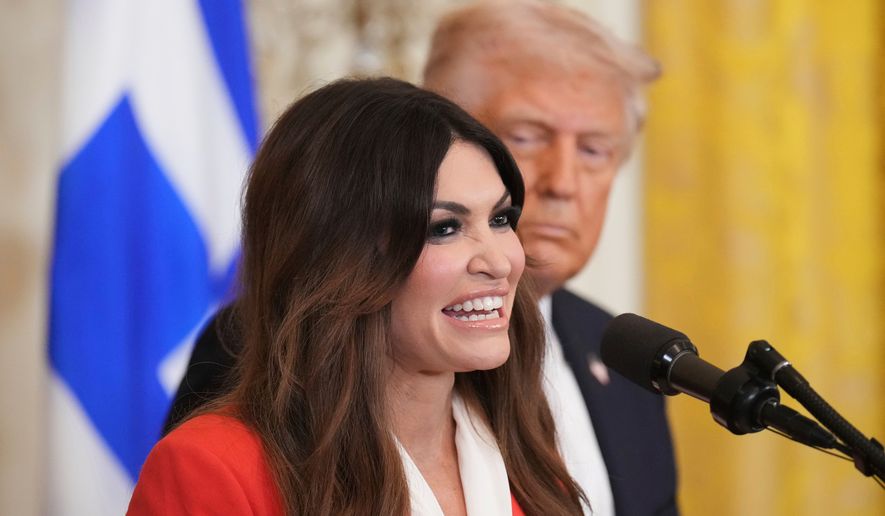 Kimberly Guilfoyle speaks as President Donald Trump listens at a reception celebrating Greek Independence Day in the East Room of the White House in Washington on March 24, 2025. (AP Photo/Jacquelyn Martin) **FILE**
