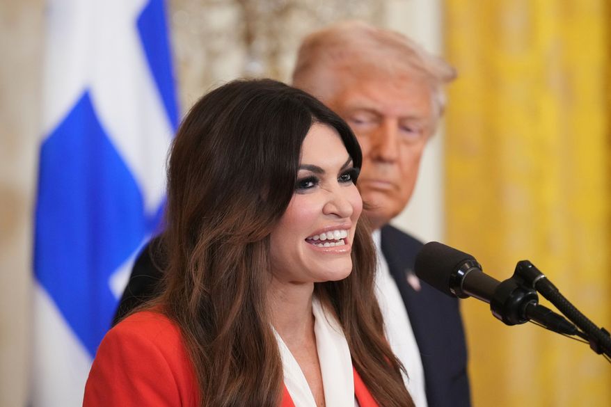 Kimberly Guilfoyle speaks as President Donald Trump listens at a reception celebrating Greek Independence Day in the East Room of the White House in Washington on March 24, 2025. (AP Photo/Jacquelyn Martin) **FILE**