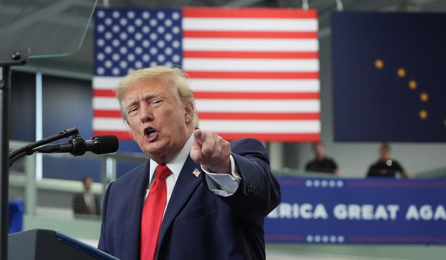 President Donald Trump speaks at a campaign rally at the Curtis D. Menard Memorial Sports Center, Tuesday, Oct. 13, 2026, in Wasilla, Alaska. (AP Photo/Alex Brandon) ** FILE **