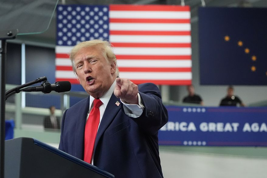 President Donald Trump speaks at a campaign rally at the Curtis D. Menard Memorial Sports Center, Tuesday, Oct. 13, 2026, in Wasilla, Alaska. (AP Photo/Alex Brandon)