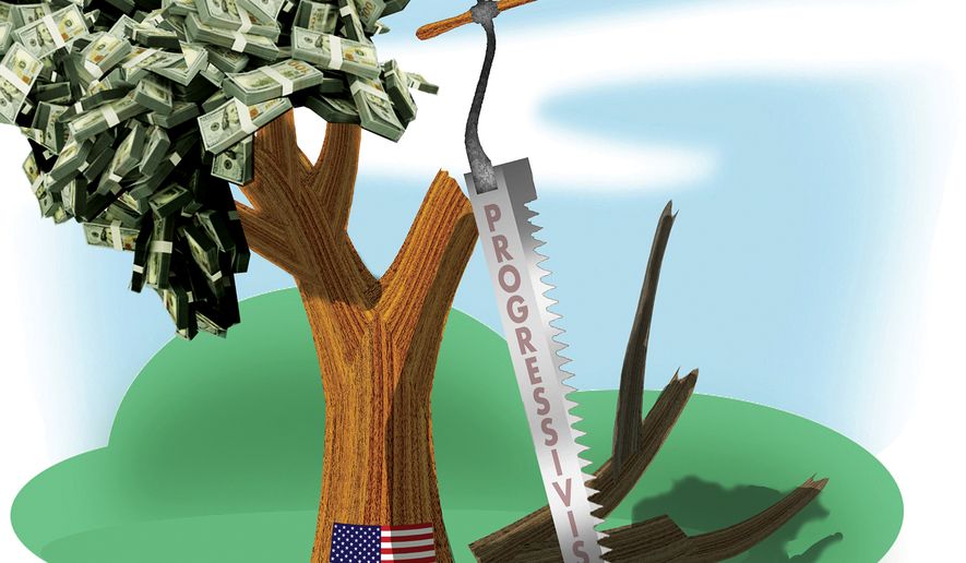 Progressivism is the cause of America's missing growth. Illustration by Alex Hunter of The Washington Times