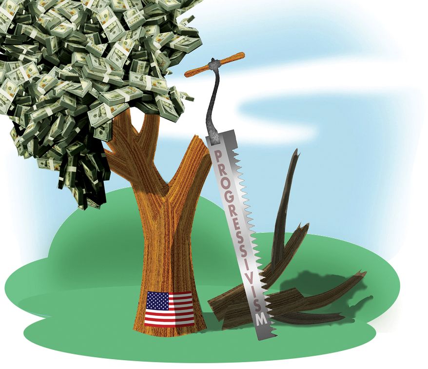 Progressivism is the cause of America's missing growth. Illustration by Alex Hunter of The Washington Times