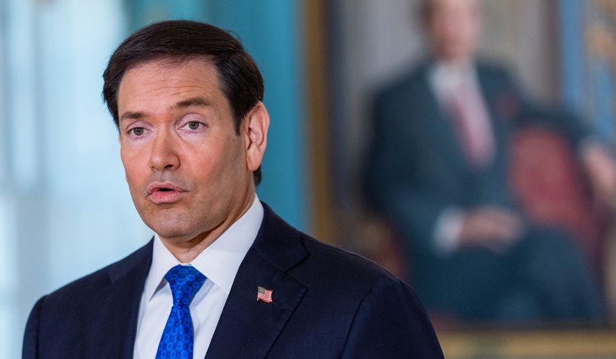 Secretary of State Marco Rubio speaks to reporters before a meeting with 2015 Venezuelan National Assembly President Dinorah Figuera in the Treaty Room at the State Department, Friday, Oct. 9, 2026, in Washington. (AP Photo/Manuel Balce Ceneta)