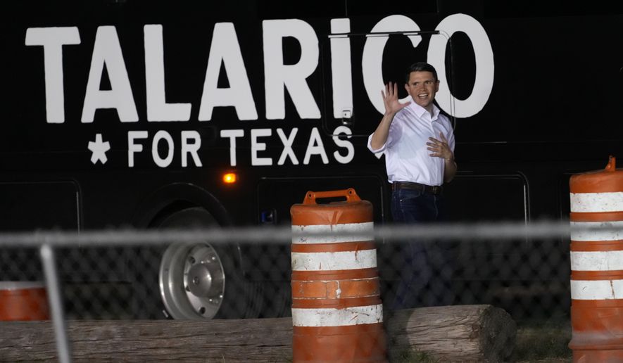 Democratic U.S. Senate candidate Texas state Rep. James Talarico waves as he leaves a campaign event in San Marcos, Texas, Thursday, Oct. 15, 2026. (AP Photo/Eric Gay)