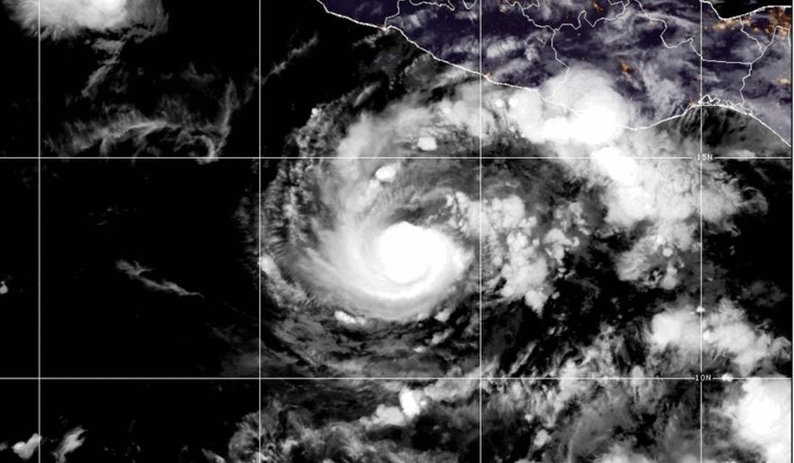 This GOES-19 GeoColor satellite image provided by the National Oceanic and Atmospheric Administration (NOAA) and taken on Thursday, Oct. 15 2026, shows Hurricane Trudy in the Pacific. (NOAA via AP)
