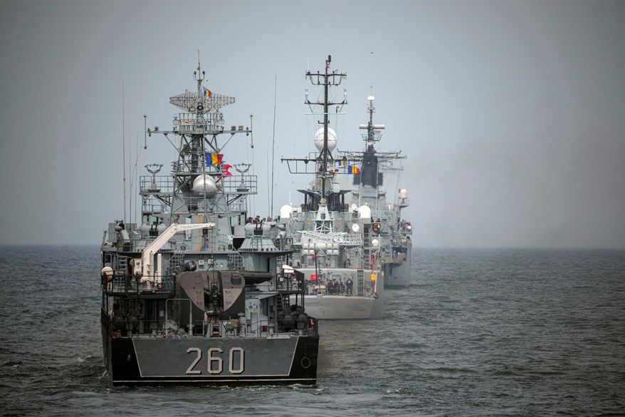 FILE - Romanian warships sail during a Romanian Navy led exercise outside Constanta, Romania, on April 16, 2024. (AP Photo/Andreea Alexandru, File)