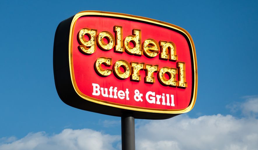 Golden Corral Buffet and Grill exterior and trademark logo. PUEBLO, CO, USA - MAY 15,2024. File photo credit: Ken Wolter via Shutterstock.