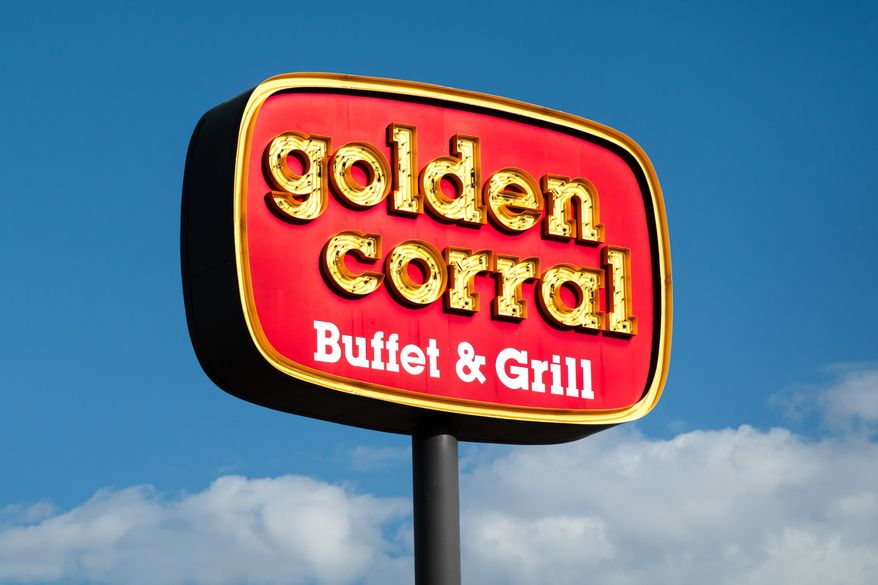 Golden Corral Buffet and Grill exterior and trademark logo. PUEBLO, CO, USA - MAY 15,2024. File photo credit: Ken Wolter via Shutterstock.