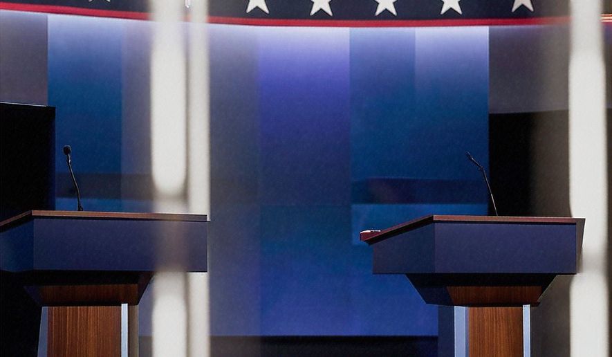 Empty debate stage. Image credit: Shutterstock AI Generator.