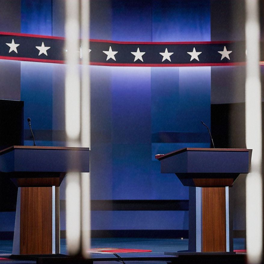 Empty debate stage. Image credit: Shutterstock AI Generator.