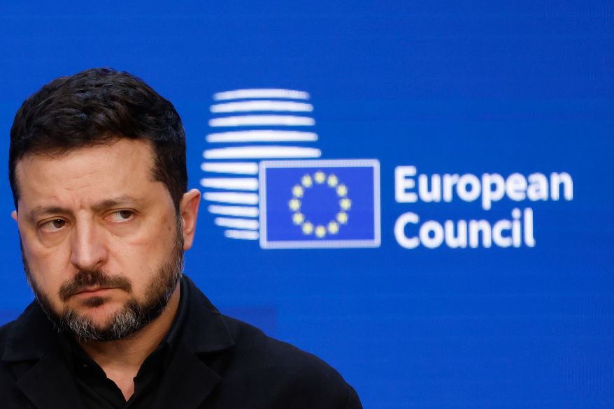 Ukraine's President Volodymyr Zelenskyy speaks during a media conference at the EU summit in Brussels, Friday, Oct. 16, 2026. (AP Photo/Geert Vanden Wijngaert)