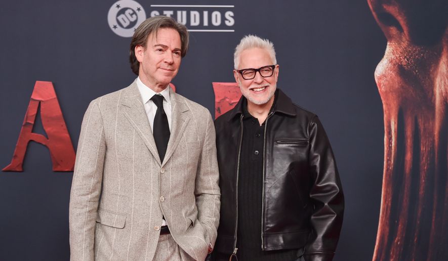 Peter Safran, left, and James Gunn arrive at the premiere of "Clayface" on Tuesday, Oct. 13, 2026, at the Hollywood Legion Theater in Los Angeles. (Photo by Richard Shotwell/Invision/AP)