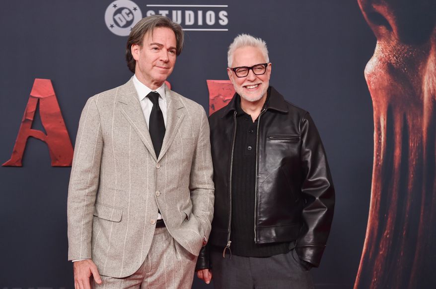 Peter Safran, left, and James Gunn arrive at the premiere of "Clayface" on Tuesday, Oct. 13, 2026, at the Hollywood Legion Theater in Los Angeles. (Photo by Richard Shotwell/Invision/AP)