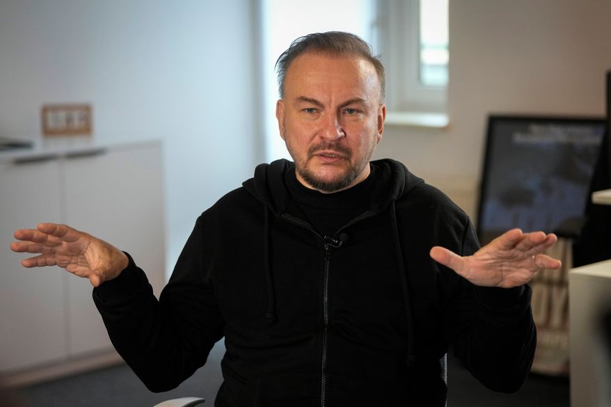 Serhii Beskrestnov, also known as "Flash", an adviser to Ukraine's President Volodymyr Zelenskyy speaks during an interview in Kyiv, Ukraine, Friday 16, 2026. (AP Photo/Efrem Lukatsky)
