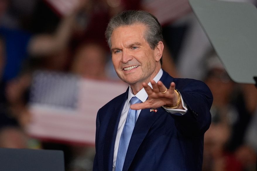 Georgia gubernatorial candidate Rick Jackson speaks before President Donald Trump arrives at a campaign rally at Dalton Municipal Airport, Friday, Oct. 16, 2026, in Dalton Ga. (AP Photo/Mike Stewart)