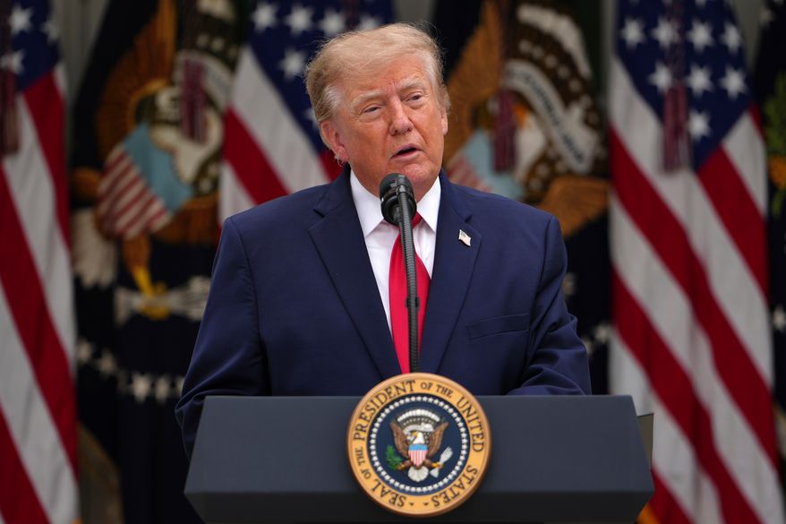 President Donald Trump speaks in the Rose Garden of the White House during an event for first responders, Thursday, Oct. 15, 2026, in Washington. (AP Photo/Julia Demaree Nikhinson)