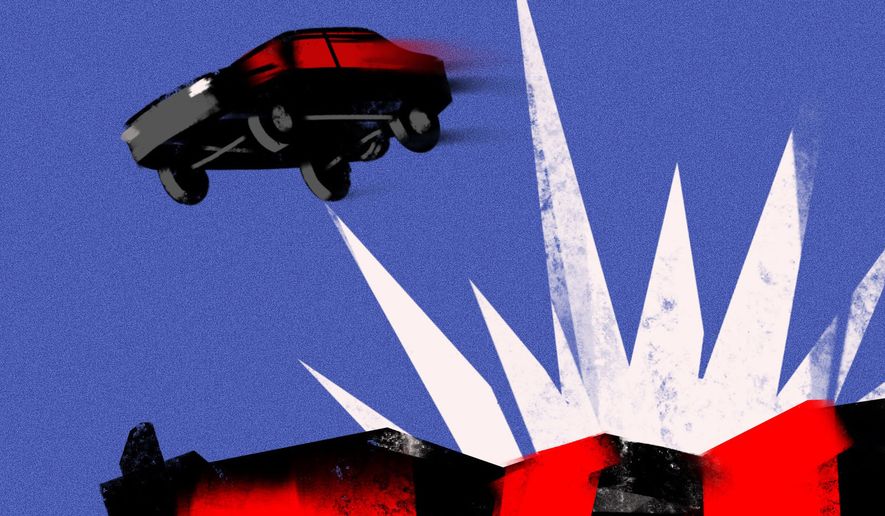 Voters in elections driving the United States of America off a cliff illustration by Linas Garsys / The Washington Times