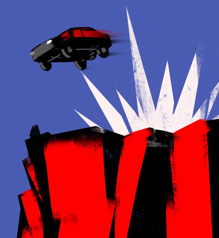 Voters in elections driving the United States of America off a cliff illustration by Linas Garsys / The Washington Times