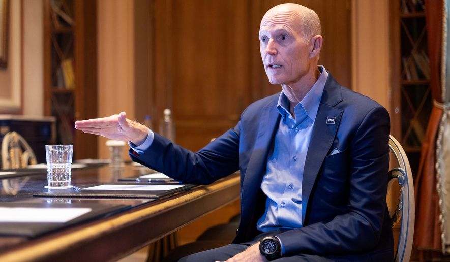 U.S. Sen. Rick Scott, R-Fla., speaks during an interview in Athens, Greece, Saturday, Oct. 17, 2026. (AP Photo/Yorgos Karahalis)