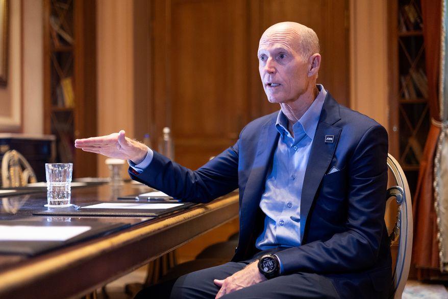 U.S. Sen. Rick Scott, R-Fla., speaks during an interview in Athens, Greece, Saturday, Oct. 17, 2026. (AP Photo/Yorgos Karahalis)