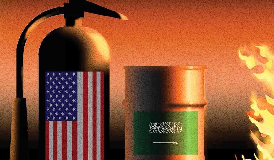 The United States of America helping Saudi Arabia fight enemies illustration by Alexander Hunter/The Washington Times