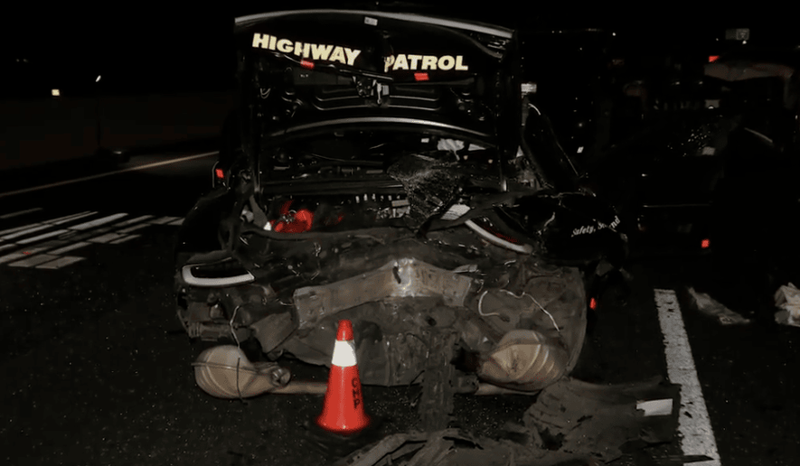 Two Solano CHP officers were injured when a Tesla struck their patrol vehicle on I-80 eastbound, despite flares, cones, and flashing emergency lights. (Credit: California Highway Patrol)
