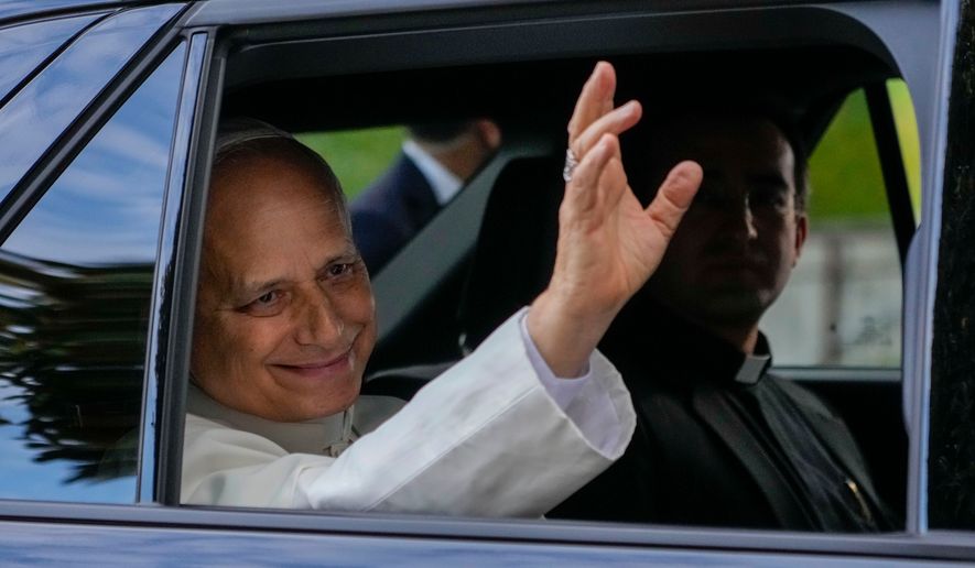 Pope Leo XIV leaves Rome's Agostino Gemelli Polyclinic, Saturday, Oct. 17, 2026, after Tuesday's surgery to remove a lung cancer. (AP Photo/Gregorio Borgia)