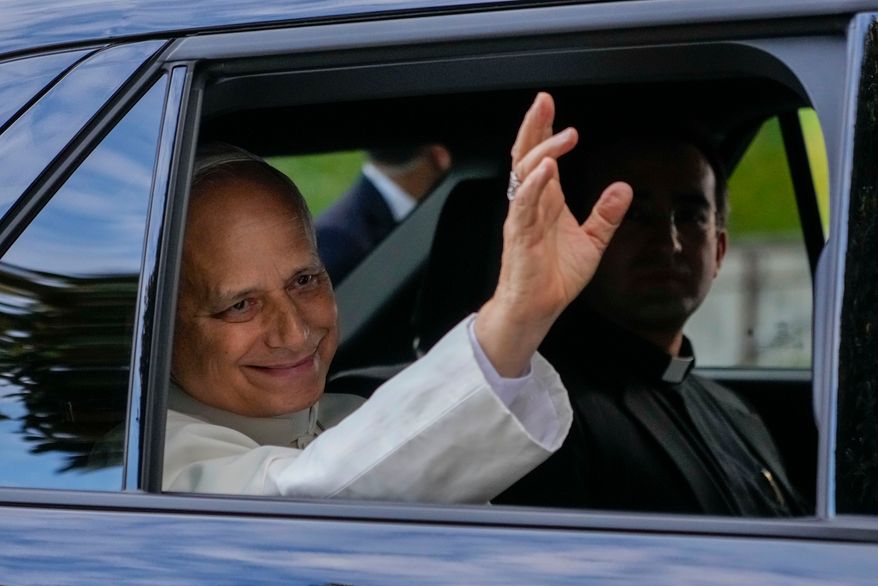 Pope Leo XIV leaves Rome's Agostino Gemelli Polyclinic, Saturday, Oct. 17, 2026, after Tuesday's surgery to remove a lung cancer. (AP Photo/Gregorio Borgia)