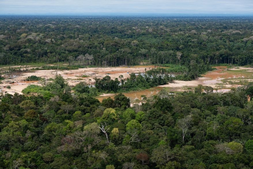 Deforestation from illegal mining surrounds the Malinowski River in the Tambopata National Reserve in Puerto Maldonado, Peru, Aug. 11, 2026. (AP Photo/Guadalupe Pardo, File)