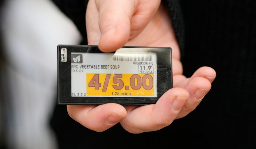 An electronic price tag is displayed at a Kroger grocery store Nov. 13, 2024, in Monroe, Ohio. (AP Photo/Jeff Dean, File)