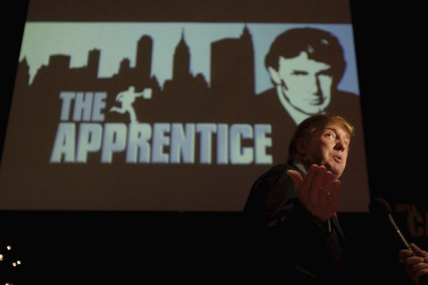 Donald Trump, seeking contestants for "The Apprentice" television show, is interviewed at Universal Studios Hollywood, July 9, 2004, in the Universal City section of Los Angeles. (AP Photo/Ric Francis, File)