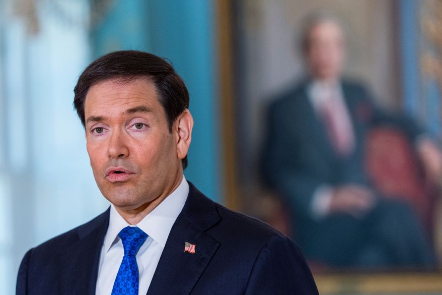 Secretary of State Marco Rubio speaks to reporters before a meeting with 2015 Venezuelan National Assembly President Dinorah Figuera in the Treaty Room at the State Department, Friday, Oct. 9, 2026, in Washington. (AP Photo/Manuel Balce Ceneta)