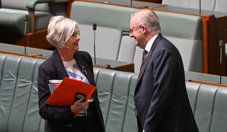 Australian Prime Minister Anthony Albanese speaks to Indepedent member of parliament, Helen Haines, in the House of Representatives at Parliament House in Canberra, Australia, Tuesday, Aug. 18, 2026. (Lukas Coch/AAP Image via AP )