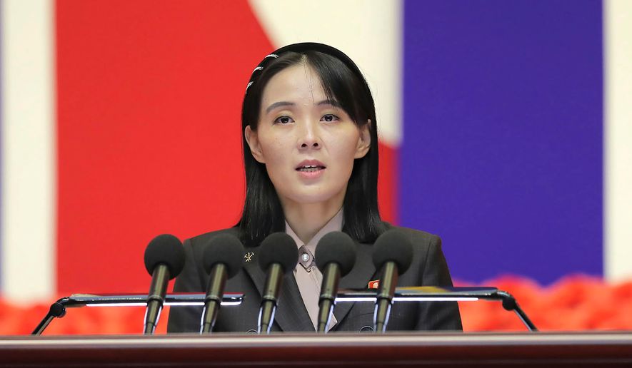 FILE - This photo provided by the North Korean government, Kim Yo Jong, sister of North Korean leader Kim Jong Un, delivers a speech during a national meeting against the coronavirus, in Pyongyang, North Korea, on Aug. 10, 2022. (Korean Central News Agency/Korea News Service via AP, File)