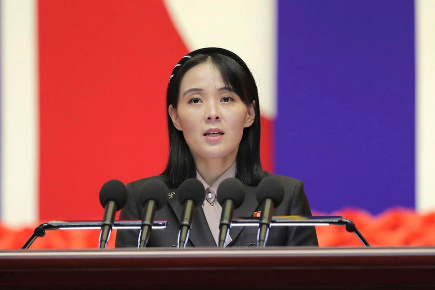 This photo provided by the North Korean government, Kim Yo Jong, sister of North Korean leader Kim Jong Un, delivers a speech during a national meeting against the coronavirus, in Pyongyang, North Korea, on Aug. 10, 2022. (Korean Central News Agency/Korea News Service via AP, File)