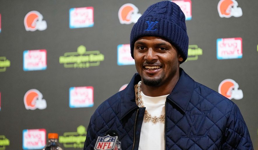 Cleveland Browns quarterback Deshaun Watson speaks during a press conference after an NFL football game against the Baltimore Ravens in Cleveland, Sunday, Oct. 18, 2026. (AP Photo/Sue Ogrocki)