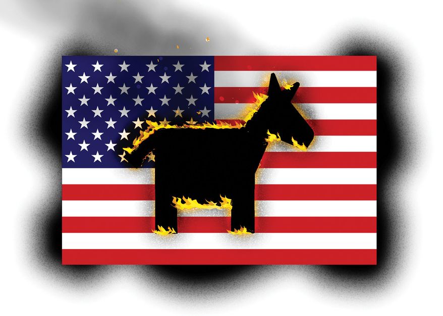Democrats' policies destroying the United States of America illustration by Alexander Hunter/The Washington Times