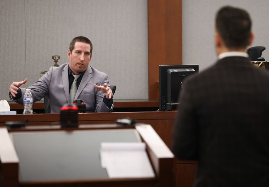 Mitchell Fairbarn testifies during his trial at the Regional Justice Center Friday, Oct. 16, 2026, in Las Vegas. Fairbarn is accused of stealing a flamingo from its enclosure at a Las Vegas resort and abusing it. (Benjamin Hager/Las Vegas Review-Journal via AP)