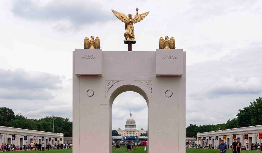 A mockup of President Donald Trump's proposed triumphal arch stands at the Great American State Fair on the National Mall, June 27, 2026, in Washington. (AP Photo/Jen Golbeck, File)