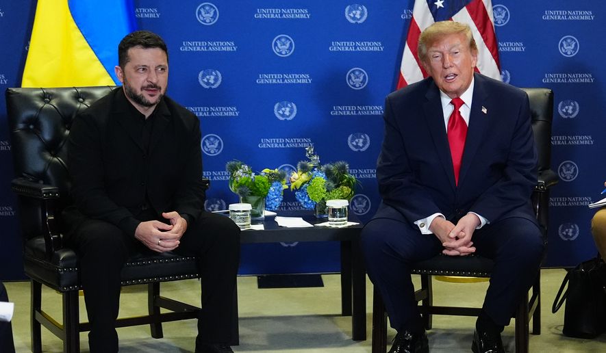 President Donald Trump meets with Ukraine's President Volodymyr Zelenskyy during the United Nations General Assembly, Sept. 22, 2026, at the U.N. headquarters. (AP Photo/Julia Demaree Nikhinson, File)