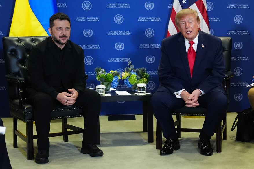 President Donald Trump meets with Ukraine's President Volodymyr Zelenskyy during the United Nations General Assembly, Sept. 22, 2026, at the U.N. headquarters. (AP Photo/Julia Demaree Nikhinson, File)