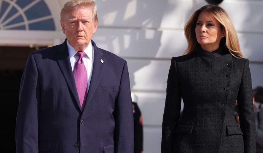 President Donald Trump, left, and first lady Melania Trump arrive to greet China's President Xi Jinping and his wife Peng Liyuan on the South Portico of the White House, Thursday, Sept. 24, 2026, in Washington. (AP Photo/Alex Brandon)
