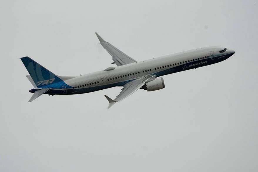 The Boeing 737 MAX 10 performs a demonstration flight during the Paris Air Show in Le Bourget, north of Paris, France, June 19, 2023. (AP Photo/Lewis Joly, File)