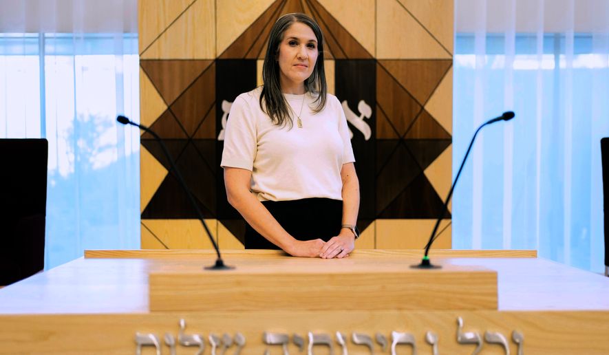 Senior Rabbi Emily Segal stands for a portrait during a training from Arizona Faith Network for poll chaplains and peacekeepers, Tuesday, Oct. 6, 2026, ahead of the upcoming general midterm election, at Temple Chai in Scottsdale, Ariz. (AP Photo/Rebecca Noble)
