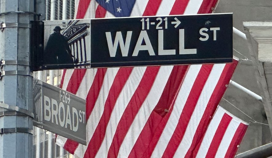 FILE - Signs at the intersection of Broad and Wall Streets stand near flags flying from the New York Stock Exchange on Sept. 4, 2024, in New York. (AP Photo/Peter Morgan, File)