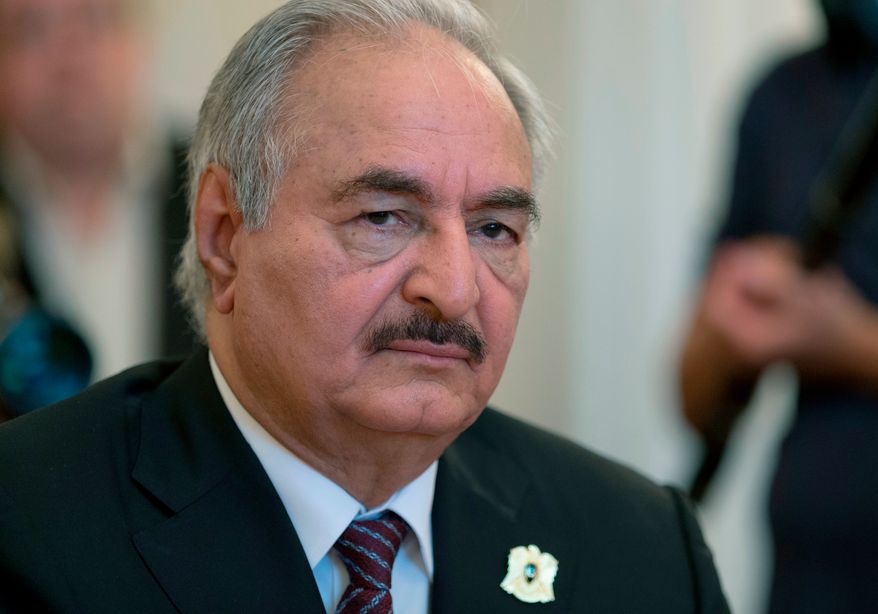 Libyan militia commander Gen. Khalifa Hifter meets with Russian Foreign Minister Sergei Lavrov in Moscow, Aug. 14, 2017. (AP Photo/Ivan Sekretarev, File)
